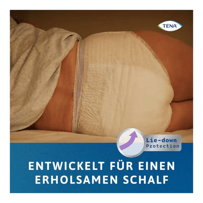 A person wearing TENA Protection Pants Normal incontinence pants by TENA - Essity Germany GmbH is lying on their side in bed. The image shows the TENA logo and the German text: "Developed for a restful sleep," indicating a restful sleep.