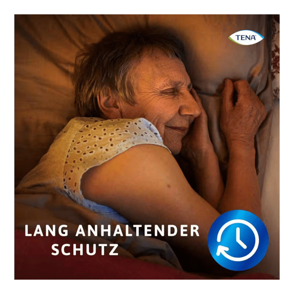 An elderly person with short gray hair sleeps on their side in a sleeveless top. "LONG-LASTING PROTECTION" with a blue clock symbol emphasizes the sustainable protection of TENA Protection Pants Normal incontinence pants by TENA - Essity Germany GmbH. The TENA logo is in the upper right corner.