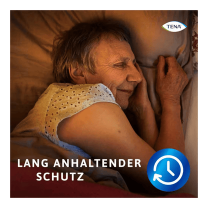 An elderly person with short gray hair sleeps on their side in a sleeveless top. "LONG-LASTING PROTECTION" with a blue clock symbol emphasizes the sustainable protection of TENA Protection Pants Normal incontinence pants by TENA - Essity Germany GmbH. The TENA logo is in the upper right corner.