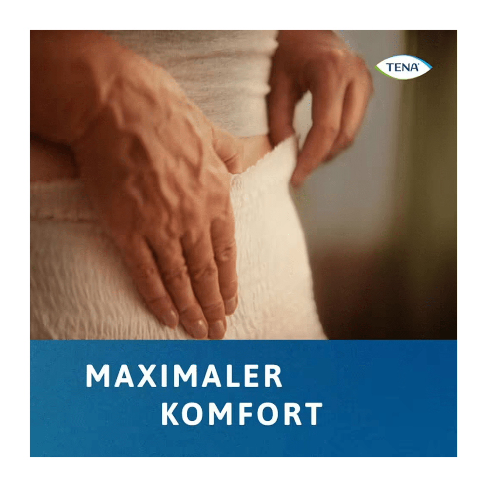 Close-up of hands pulling up a textured, lightweight TENA Protection Pants Normal incontinence pants by TENA - Essity Germany GmbH. The text "MAXIMUM COMFORT" and the TENA logo emphasize comfort and reliability for incontinence needs.