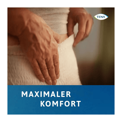Close-up of hands pulling up a textured, lightweight TENA Protection Pants Normal incontinence pants by TENA - Essity Germany GmbH. The text "MAXIMUM COMFORT" and the TENA logo emphasize comfort and reliability for incontinence needs.