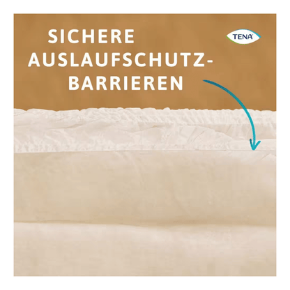 Close-up of a beige absorbent pad with gathered edges, designed for TENA Protection Pants Normal incontinence pants by TENA - Essity Germany GmbH. German text: "Secure leak protection barriers." Blue arrow points to the edge; TENA logo in the top right.