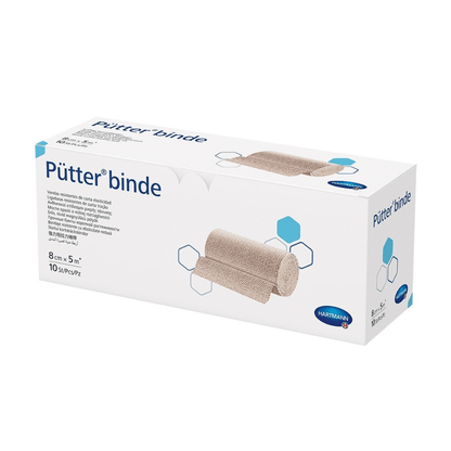A box of Hartmann Pütter-Verband® from Paul Hartmann AG, with images of the product on its side, which is a type of cohesive bandage. The packaging is available in blue and white with text and …