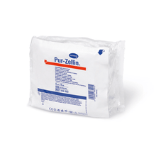 A sealed package of Hartmann Pur-Zellin® cell swabs 4 x 5 cm by Paul Hartmann AG with product information and barcode, isolated on a white background.