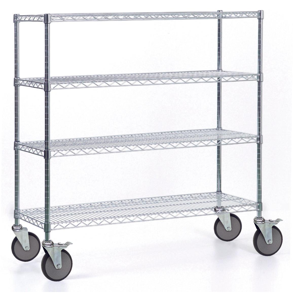 The Novocal shelf trolley made of precision steel, nickel-plated and high-gloss chrome-plated, with 4 corner posts and large castors (2 with brakes), is shown empty against a white background in the picture. Package: 1 piece.