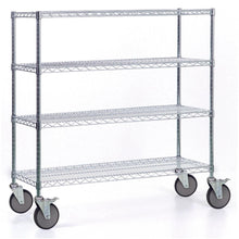The Novocal shelf trolley made of precision steel, nickel-plated and high-gloss chrome-plated, with 4 corner posts and large castors (2 with brakes), is shown empty against a white background in the picture. Package: 1 piece.
