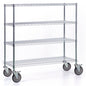 The Novocal shelf trolley made of precision steel, nickel-plated and high-gloss chrome-plated, with 4 corner posts and large castors (2 with brakes), is shown empty against a white background in the picture. Package: 1 piece.