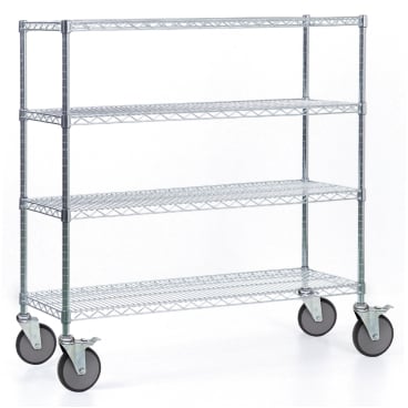 A Novocal shelving cart made of nickel-plated, high-gloss chrome precision steel with 4 corner posts and 4 G stands empty against a white background. Ideal for storage. The package contains 1 piece.