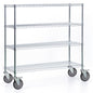 A Novocal shelving cart made of nickel-plated, high-gloss chrome precision steel with 4 corner posts and 4 G stands empty against a white background. Ideal for storage. The package contains 1 piece.