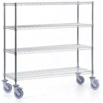The Novocal shelving cart made of precision steel, nickel-plated and high-gloss chrome-plated, with 4 corner posts and 4 shelves is ideal for storage and flexible transport of goods. Package: 1 piece.