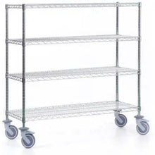 The Novocal shelving cart made of precision steel, nickel-plated and high-gloss chrome-plated, with 4 corner posts and 4 shelves is ideal for storage and flexible transport of goods. Package: 1 piece.