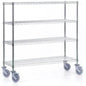 The Novocal shelving cart made of precision steel, nickel-plated and high-gloss chrome-plated, with 4 corner posts and 4 shelves is ideal for storage and flexible transport of goods. Package: 1 piece.