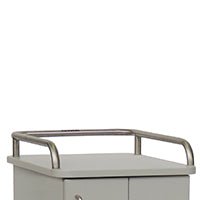 A close-up of the upper part of a gray cabinet (550 x 490 mm) with two front doors and a Novocal stainless steel tube gallery as a metal handrail on three sides. Brand: Novocal. Package: 1 piece.
