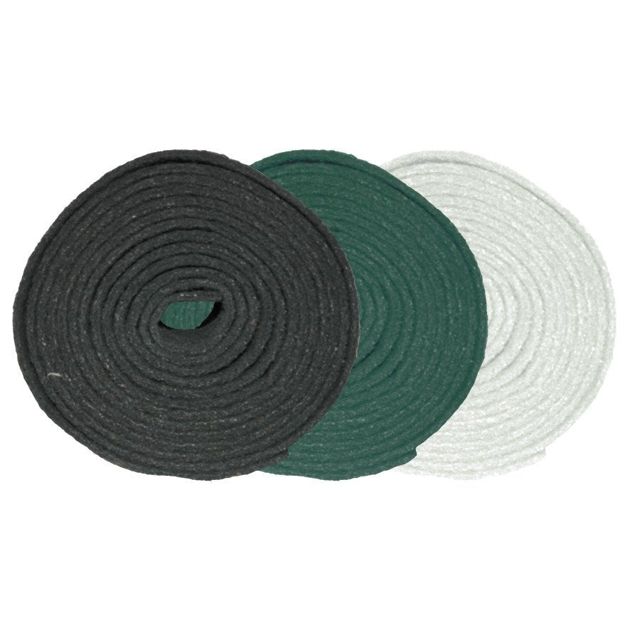 Three rolls of Arcora ROLLENWARE HANDPAD 5000 x 150 mm from Arcora International GmbH are depicted in the colors black, green, and white on a white background - perfect for various cleaning or binding applications.