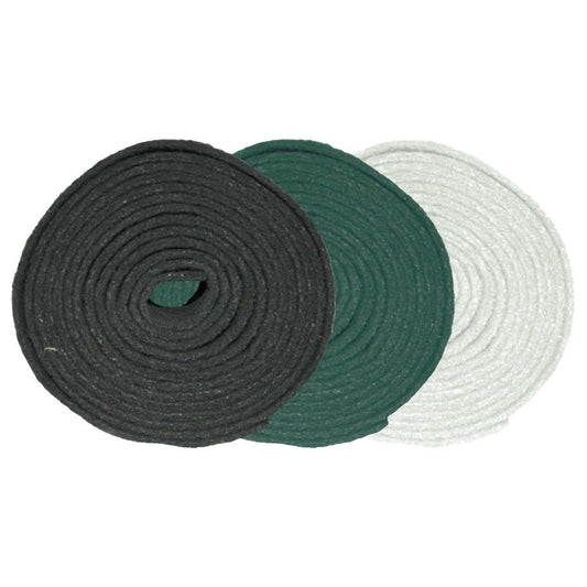 Three rolls of Arcora ROLLENWARE HANDPAD 5000 x 150 mm from Arcora International GmbH are depicted in the colors black, green, and white on a white background - perfect for various cleaning or binding applications.