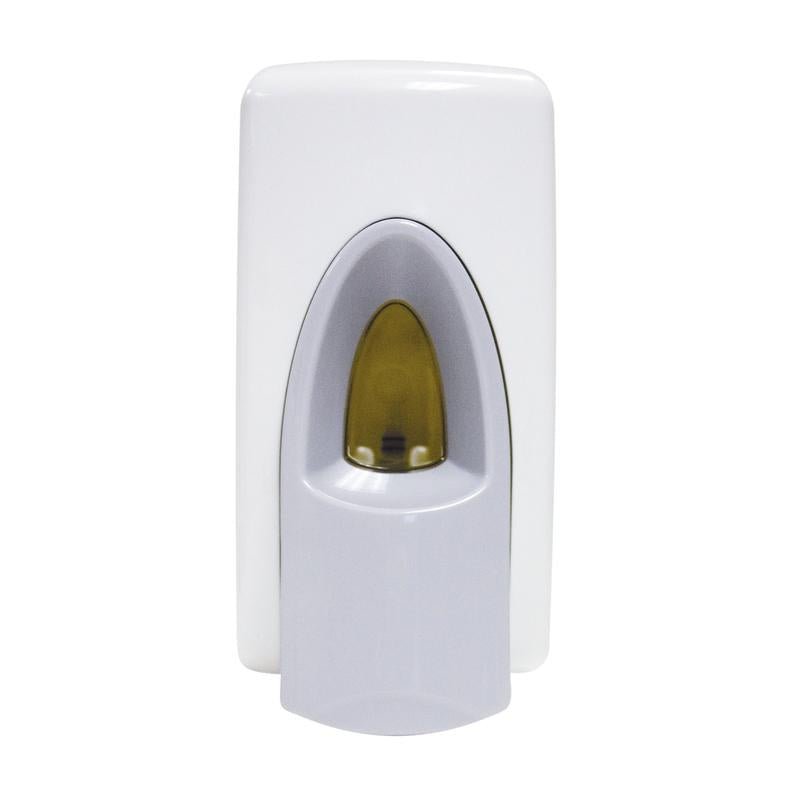 The dispenser for toilet seat cleaner from Diversey Deutschland GmbH & Co. OHG is white, wall-mounted, with a gray lever and viewing window for fill level indication - simple, functional design. Package: 1 piece.