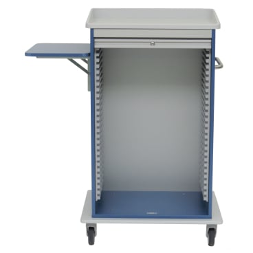 A Novocal Roll-Up multi-purpose cart with a blue-white full plastic panel chassis, four wheels, open front with empty compartments, a closed upper drawer, and a small fold-out shelf on the left side. Brand: Novocal.