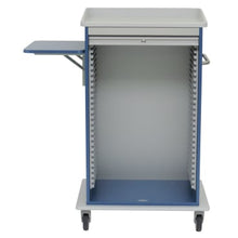 A Novocal Roll-Up multi-purpose cart with a blue-white full plastic panel chassis, four wheels, open front with empty compartments, a closed upper drawer, and a small fold-out shelf on the left side. Brand: Novocal.