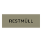 A rectangular gray sign with the inscription "RESIDUAL WASTE" in black color identifies general waste and distinguishes it from items with the Novocal colored recyclable sticker small, with text: Organic waste (Brown), used for organic waste in waste separation.