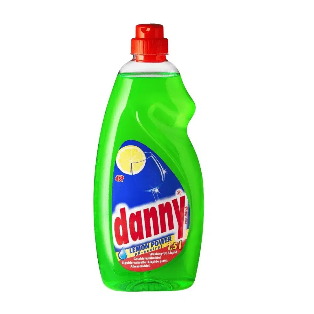 A 1.5-liter bottle of Rösch Danny Lemon Power dishwashing liquid from Rösch Germany GmbH is available in green and contains an effective lemon scent formula. With a red cap and a blue label featuring a lemon graphic, this dishwashing liquid emphasizes its grease-dissolving effect while being pH-neutral, ensuring a gentle yet efficient cleaning.
