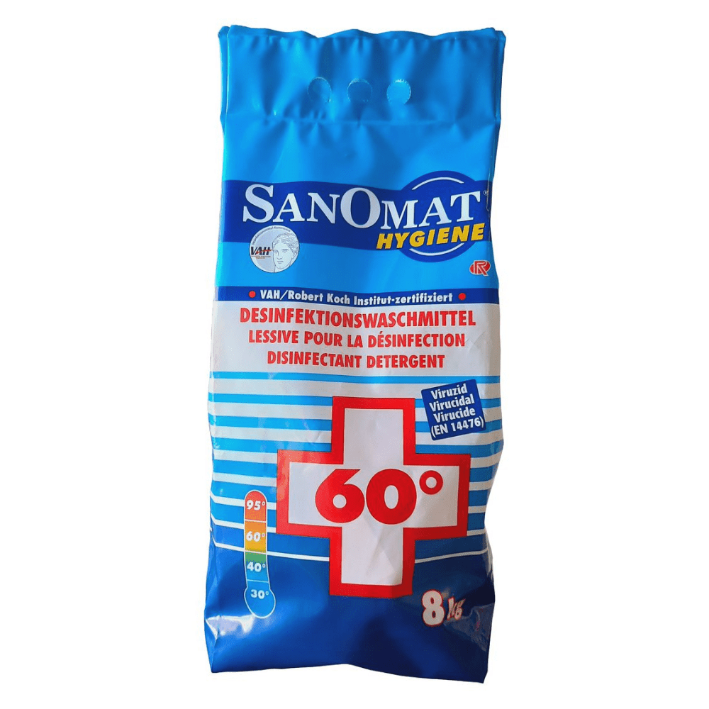 The Rösch Sanomat Disinfection Detergent from Rösch Germany GmbH is delivered in an 8 kg blue-white package. In the center is a red cross with „60°“ engraved, indicating its suitability for disinfection. The product information is printed in German and French, and the product is VAH-certified for reliable hygiene standards.