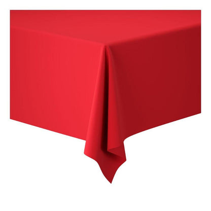 A close-up of a rectangular table corner draped with a brightly red Dunicel tablecloth roll 1.18 m x 10 m large tablecloth from Duni GmbH, with a pointed corner hanging down. Perfect for weddings, banquets, or corporate events. Simple white background.