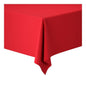 A close-up of a rectangular table corner draped with a brightly red Dunicel tablecloth roll 1.18 m x 10 m large tablecloth from Duni GmbH, with a pointed corner hanging down. Perfect for weddings, banquets, or corporate events. Simple white background.