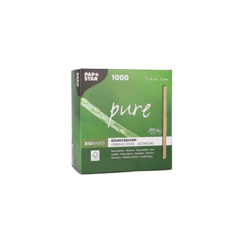 A green-white box of PAPSTAR GmbH with the inscription "wooden stirring sticks pure", 14 cm, contains 1000 environmentally friendly, stable wooden stirring sticks. The box shows a plant stem and multilingual product information.