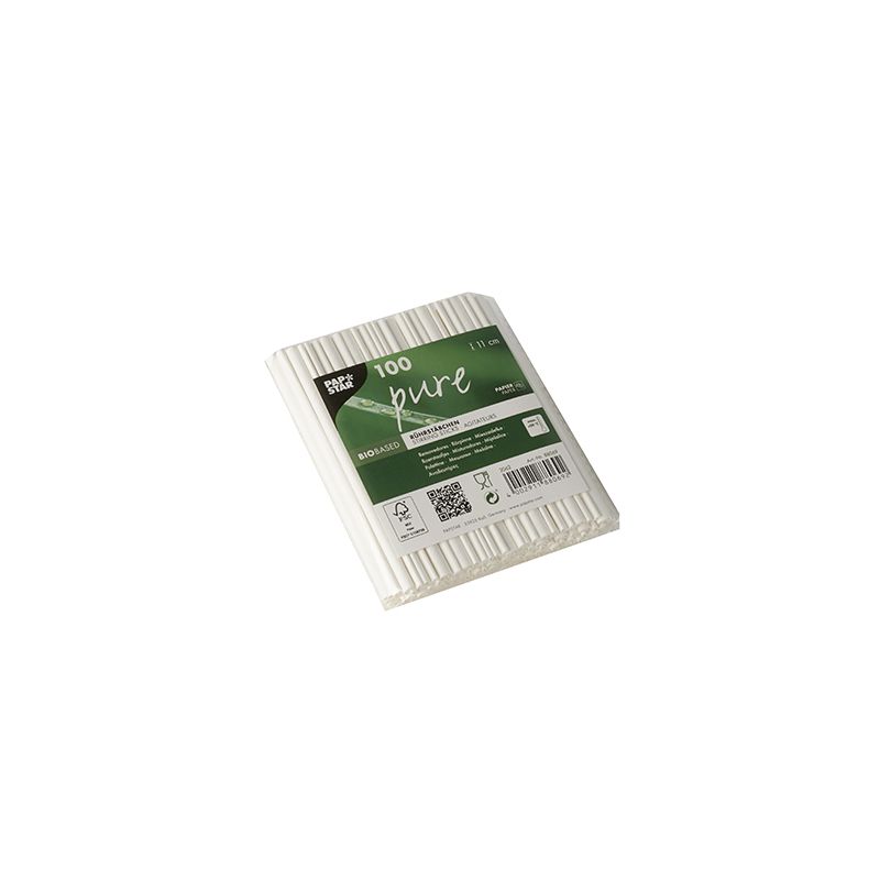 A rectangular package of white PAPSTAR paper napkins "pure" with a green label indicating their exceptional tissue quality and recycling information. These napkins made from FSC®-certified paper are ideal for use in gastronomic environments.
