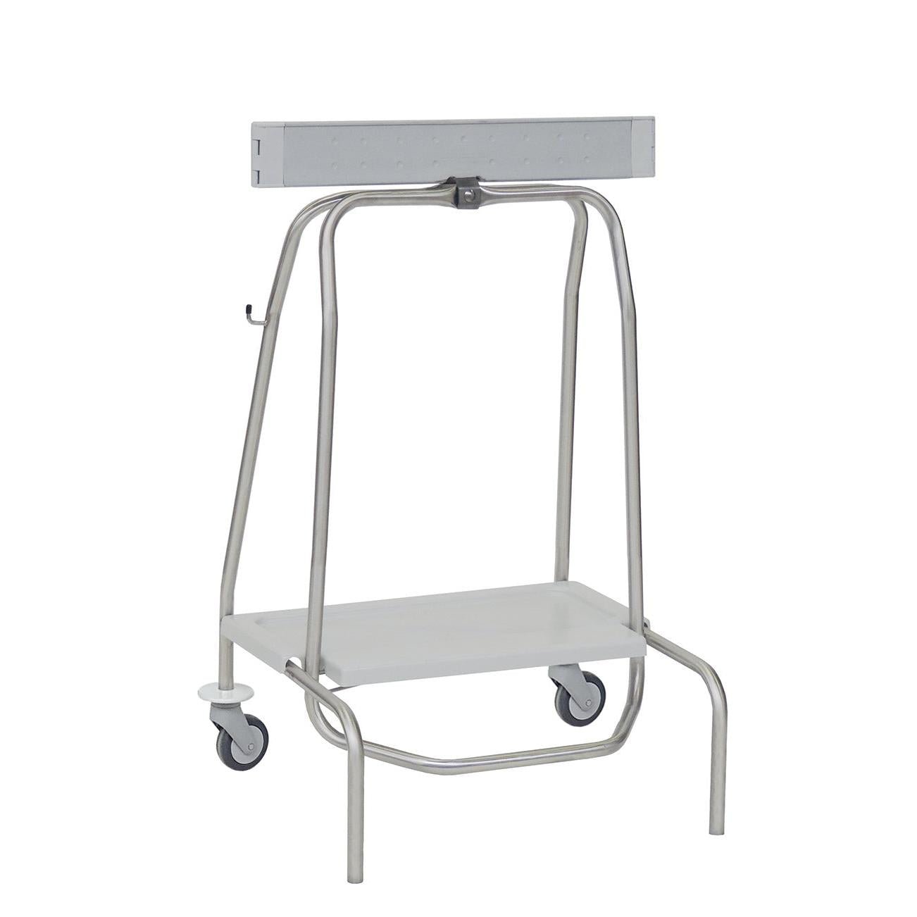 The Novocal waste collector "Genius" features a stable metal frame, four wheels, a flat lower shelf, and a clamping ring with 1 foot pedal for 40L bags. Pictured against a white background. Brand: Novocal.