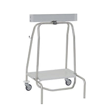 The Novocal waste collector "Genius" features a stable metal frame, four wheels, a flat lower shelf, and a clamping ring with 1 foot pedal for 40L bags. Pictured against a white background. Brand: Novocal.