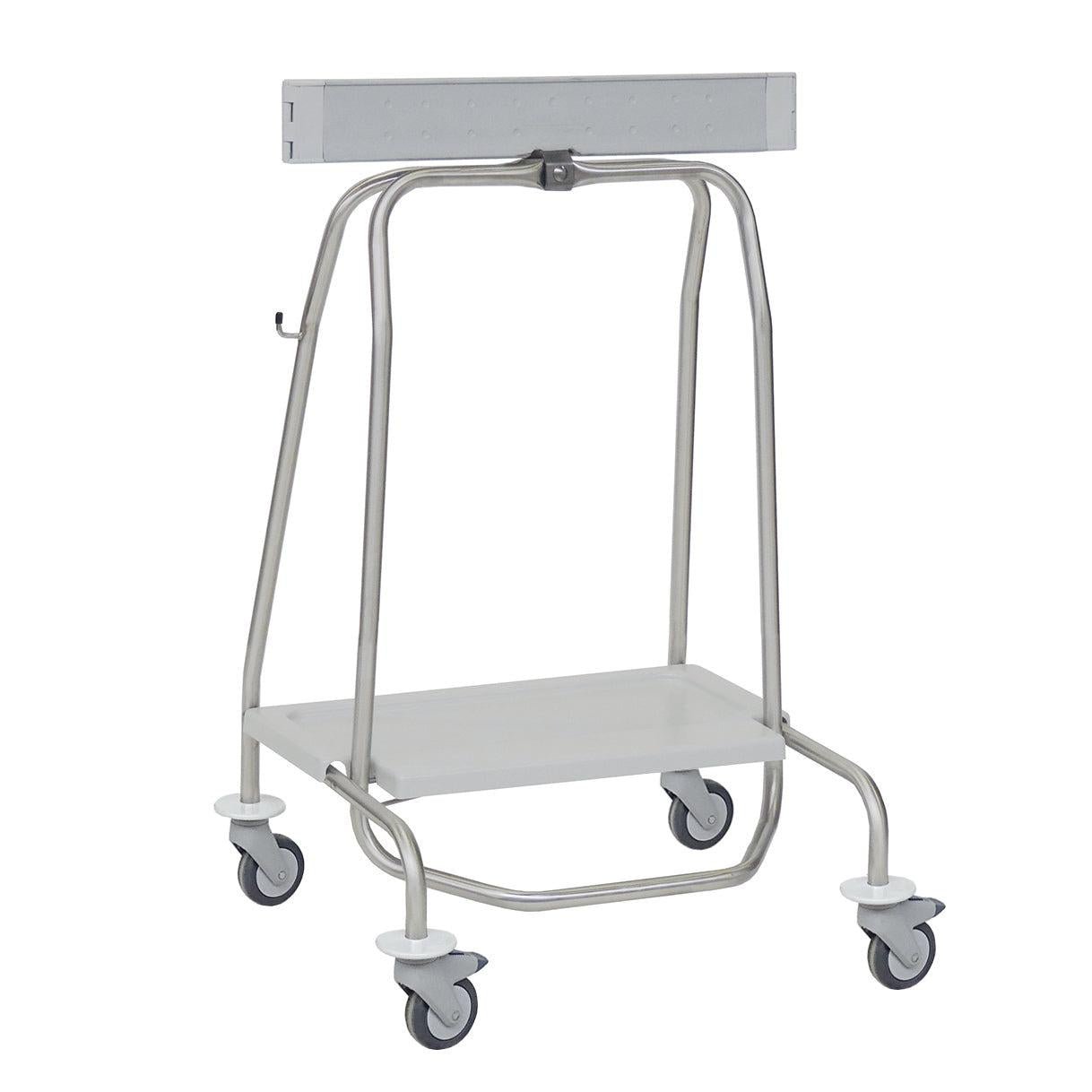 The Novocal waste collector "Genius" features a metal tube frame, 4 wheels, a flat lower shelf, an upper rectangular bar, side hooks, and a pedal for 40-liter bags (clamping ring). Suitable for medical use.