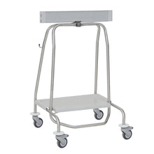 The Novocal waste collector "Genius" features a metal tube frame, 4 wheels, a flat lower shelf, an upper rectangular bar, side hooks, and a pedal for 40-liter bags (clamping ring). Suitable for medical use.