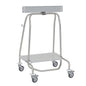 The Novocal waste collector "Genius" features a metal tube frame, 4 wheels, a flat lower shelf, an upper rectangular bar, side hooks, and a pedal for 40-liter bags (clamping ring). Suitable for medical use.