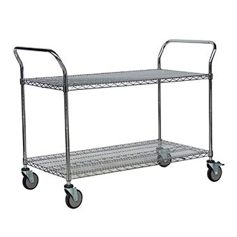 The Novocal multipurpose cart "Silverline" made of nickel-plated and high-gloss chrome-plated precision steel features two wire shelves, four swivel castors, and two handles. The empty utility cart is pictured against a white background.