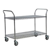 The Novocal multipurpose cart "Silverline" made of nickel-plated and high-gloss chrome-plated precision steel features two wire shelves, four swivel castors, and two handles. The empty utility cart is pictured against a white background.
