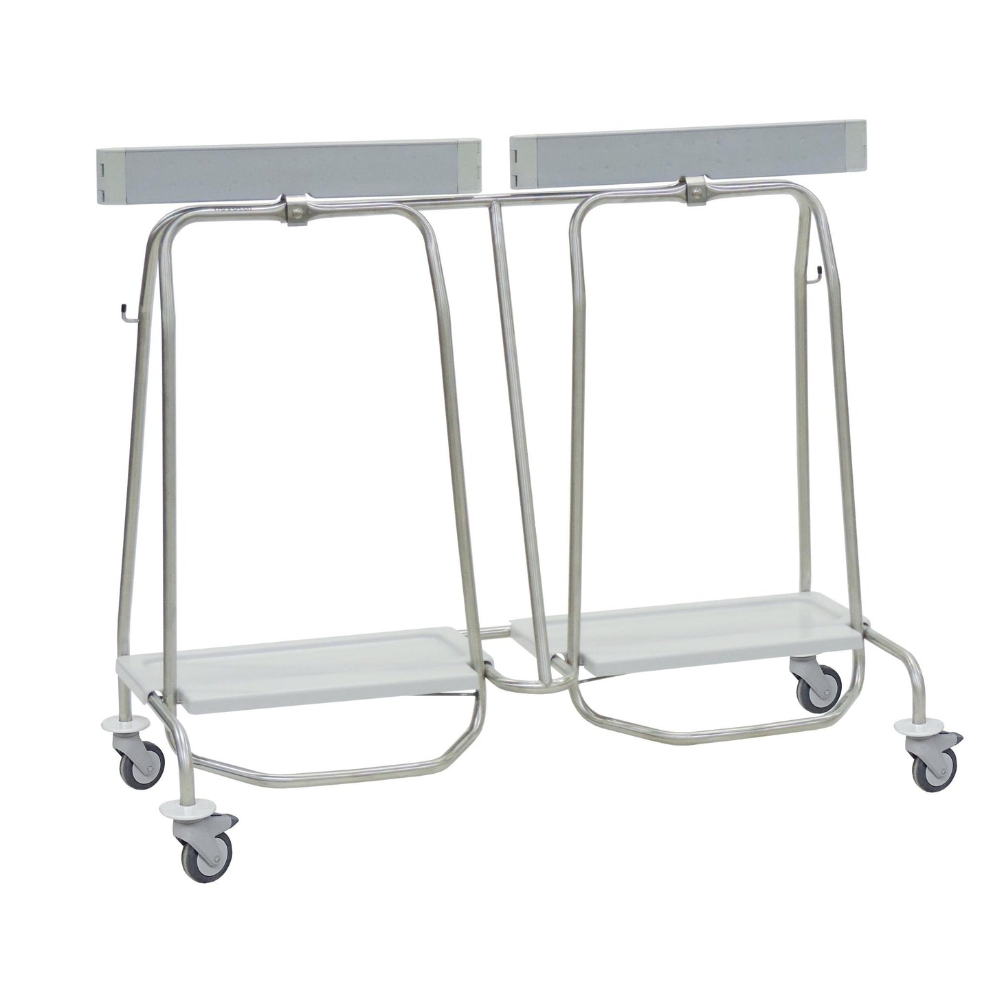 The Novocal dual waste collector "Genius" features a stainless steel frame with four swivel casters, two white platforms, and upper rods - ideal for efficient waste separation. All pipe connections are seamlessly welded.