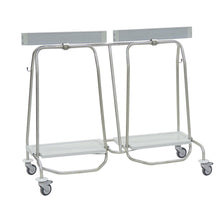 The Novocal dual waste collector "Genius" features a stainless steel frame with four swivel casters, two white platforms, and upper rods - ideal for efficient waste separation. All pipe connections are seamlessly welded.
