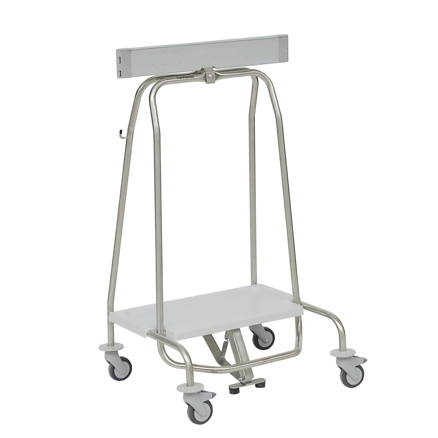 The Novocal waste collector "Genius" with clamping ring and pedal for 70-liter bags (Format: 57 | Pack of 1 piece) features four swivel casters, a flat white lower shelf, and an upper bar, shown on a white background.