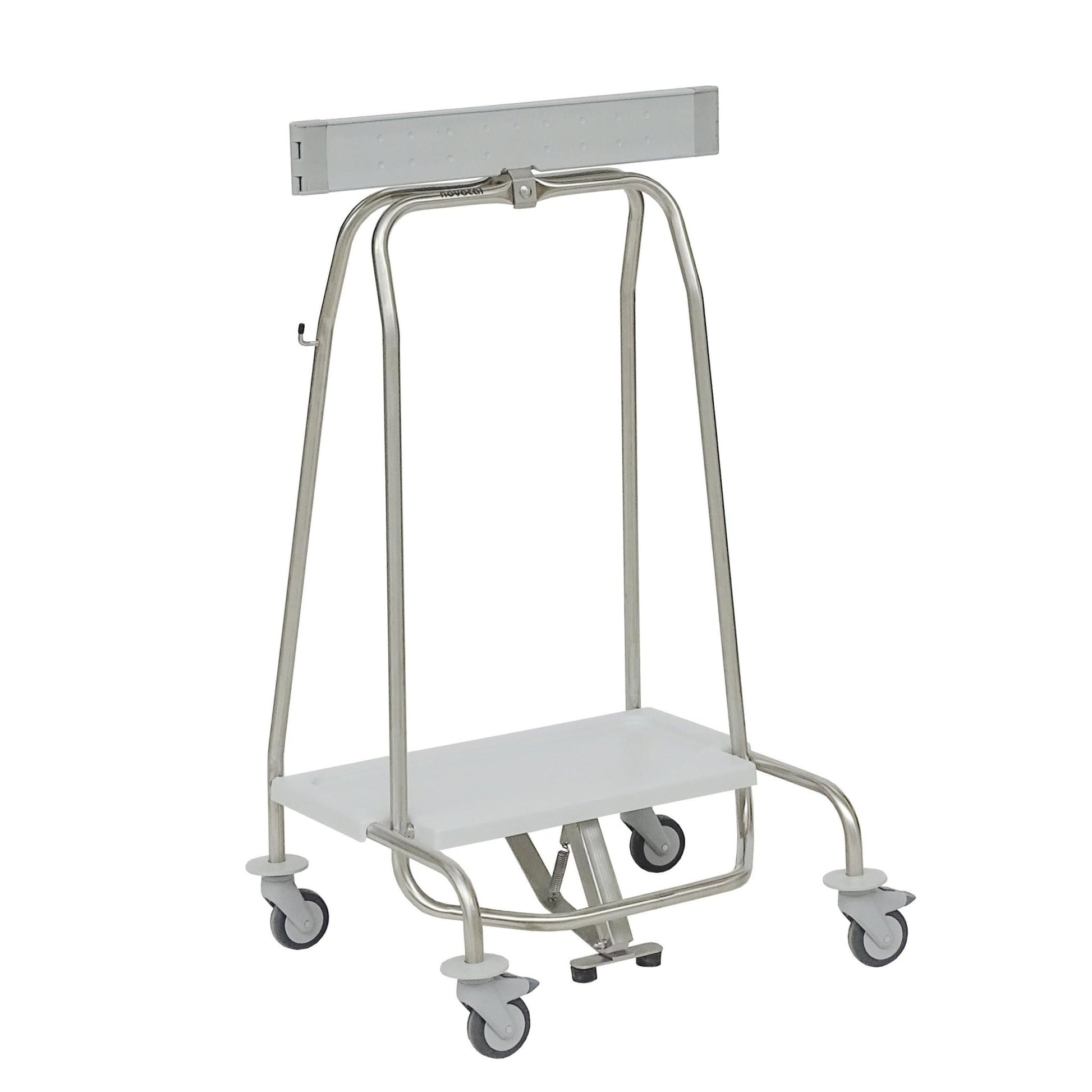 The Novocal waste collector "Genius" with clamping ring and pedal for 70-liter bags (Format: 57 | Pack of 1 piece) features four swivel casters, a flat white lower shelf, and an upper bar, shown on a white background.