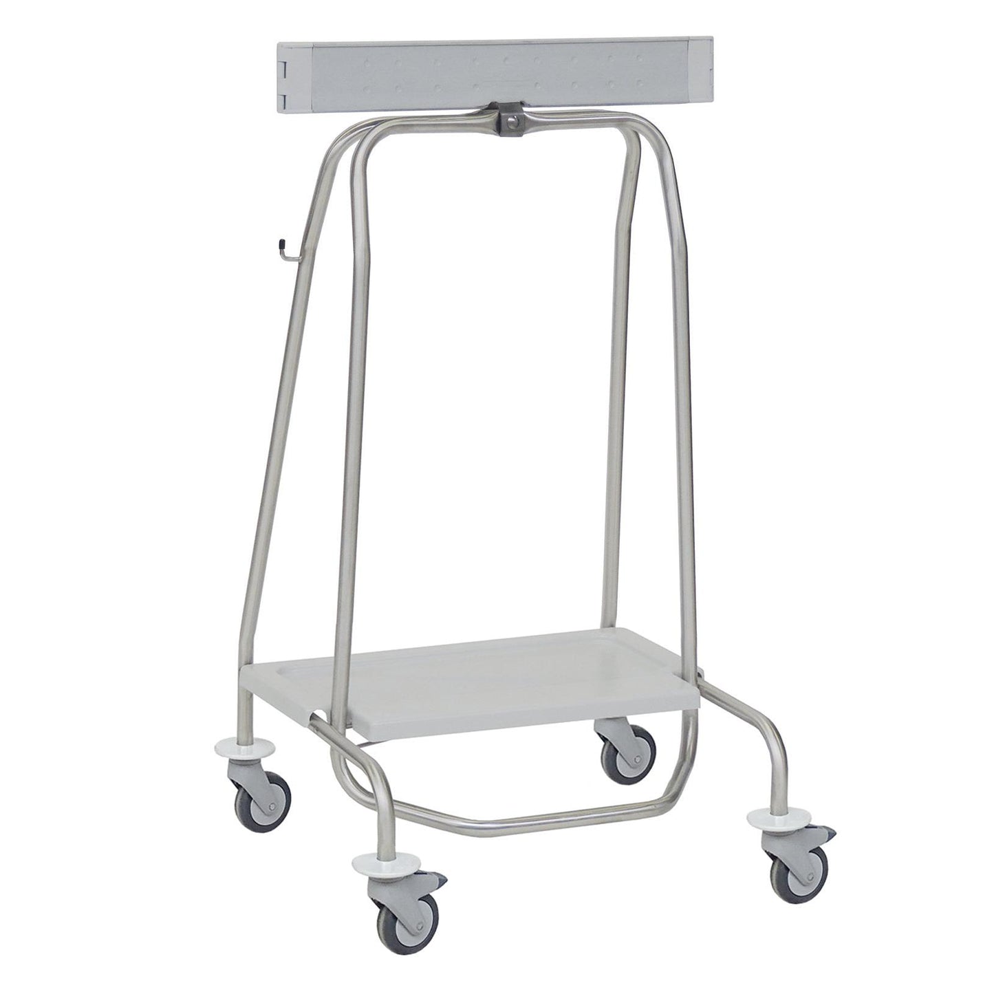 The Novocal stainless steel waste collector "Genius" features a metal tube frame, four swivel casters, a rectangular base plate, and an upper metal bar for durable construction and hygienic waste disposal. Brand: Novocal.