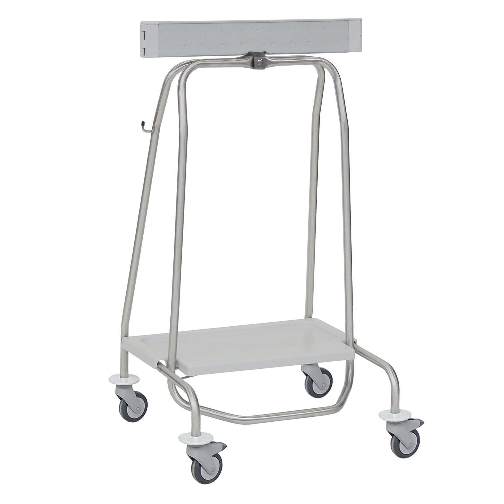 The Novocal stainless steel waste collector "Genius" features a metal tube frame, four swivel casters, a rectangular base plate, and an upper metal bar for durable construction and hygienic waste disposal. Brand: Novocal.