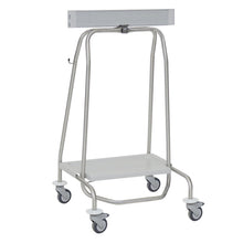 The Novocal stainless steel waste collector "Genius" features a metal tube frame, four swivel casters, a rectangular base plate, and an upper metal bar for durable construction and hygienic waste disposal. Brand: Novocal.