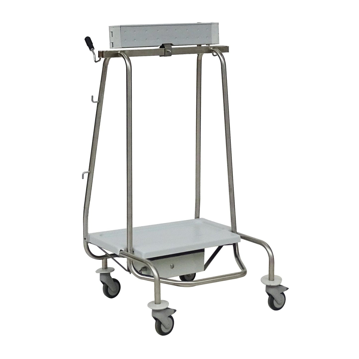 A stable Novocal equipment trolley made of metal with four wheels, a flat lower shelf, an upper bar, and side hooks - ideal for combining with the Novocal waste collector "Genius Plus" stainless steel frame (pack of 1 piece).