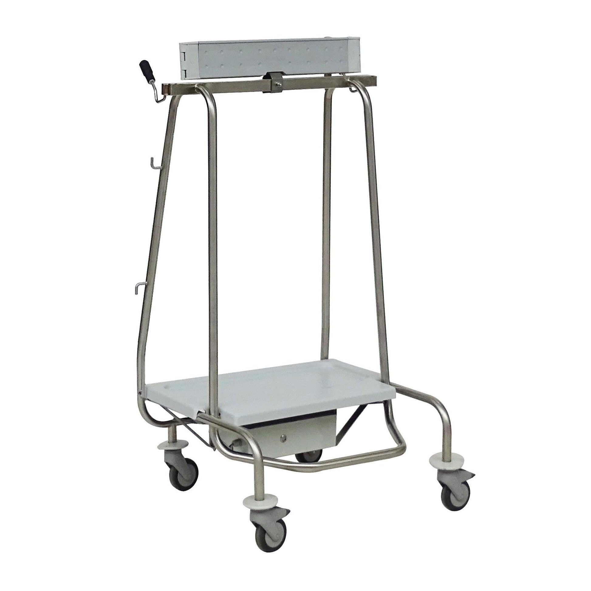 A stable Novocal equipment trolley made of metal with four wheels, a flat lower shelf, an upper bar, and side hooks - ideal for combining with the Novocal waste collector "Genius Plus" stainless steel frame (pack of 1 piece).