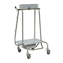A stable Novocal equipment trolley made of metal with four wheels, a flat lower shelf, an upper bar, and side hooks - ideal for combining with the Novocal waste collector "Genius Plus" stainless steel frame (pack of 1 piece).