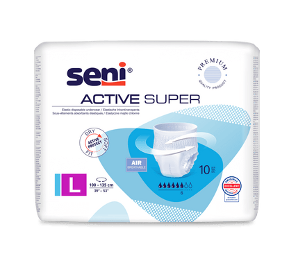 A pack of Seni Active Super incontinence pants from TZMO Deutschland GmbH, size LL (100-135 cm), with product images, "breathable" and symbols for liquid absorption - perfect for people with bladder weakness.