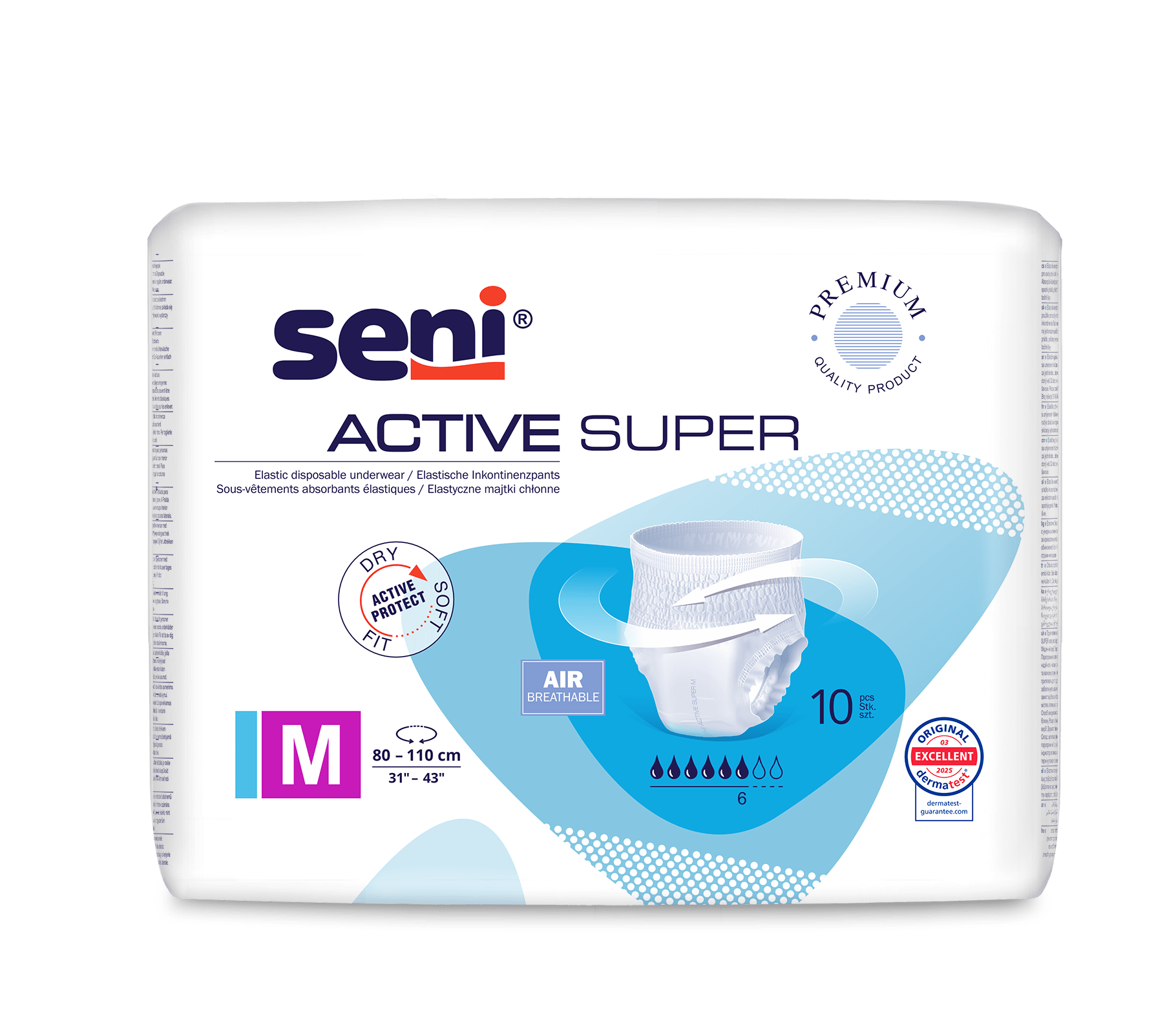 Seni Active Super incontinence pants from TZMO Deutschland GmbH, size M (80-110 cm), for bladder weakness. Breathable, with a moisture indicator and quality certificates. Each pack contains 10 pieces of disposable underwear.