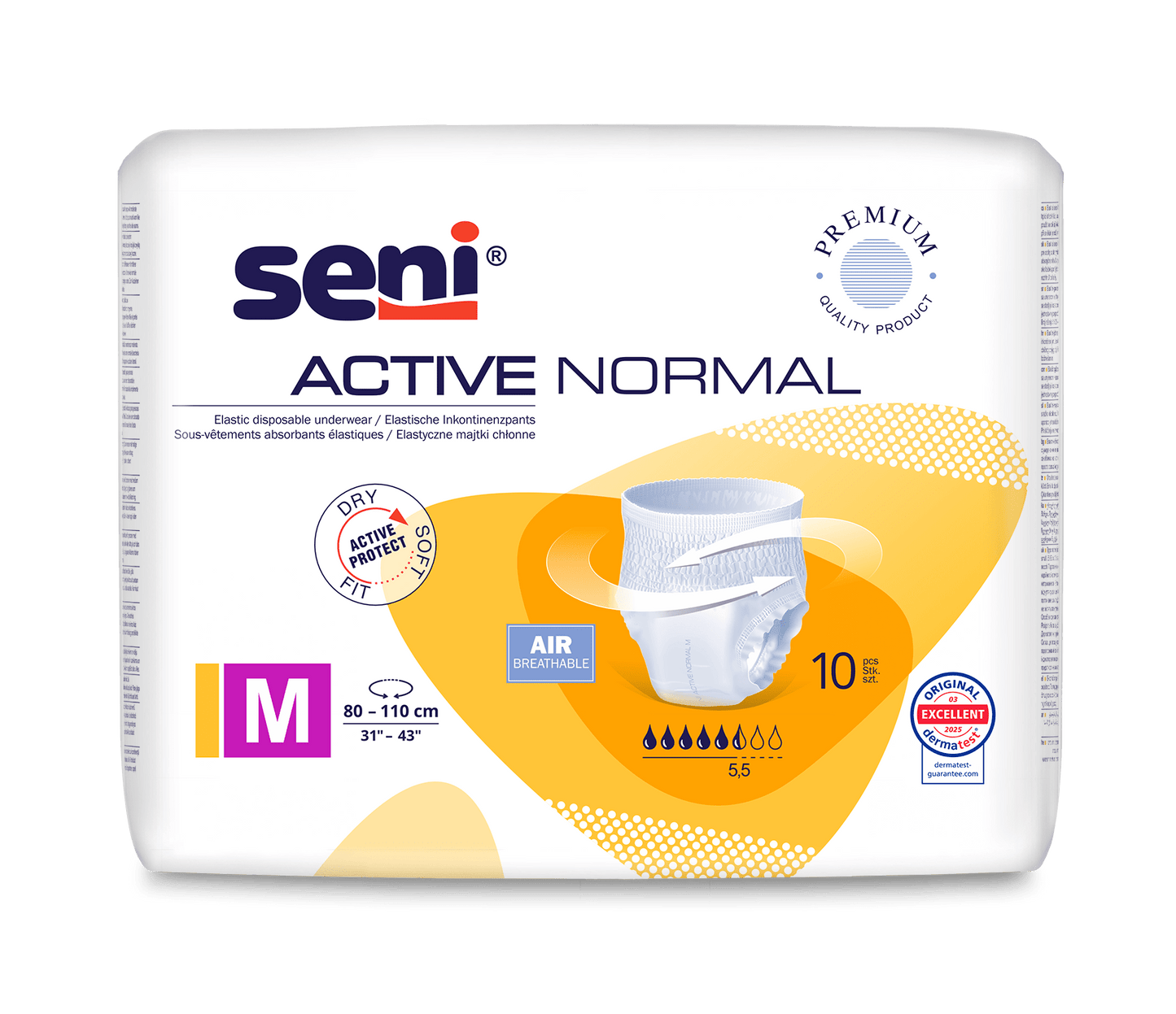 A pack of Seni Active Normal incontinence pants from TZMO Deutschland GmbH, size M (80-110 cm waist), shows the product image, the label "Air breathable", information on absorbency, and certifications - ideal for managing bladder weakness.