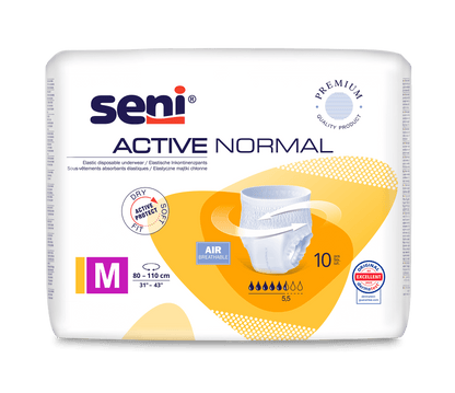 A pack of Seni Active Normal incontinence pants from TZMO Deutschland GmbH, size M (80-110 cm waist), shows the product image, the label "Air breathable", information on absorbency, and certifications - ideal for managing bladder weakness.
